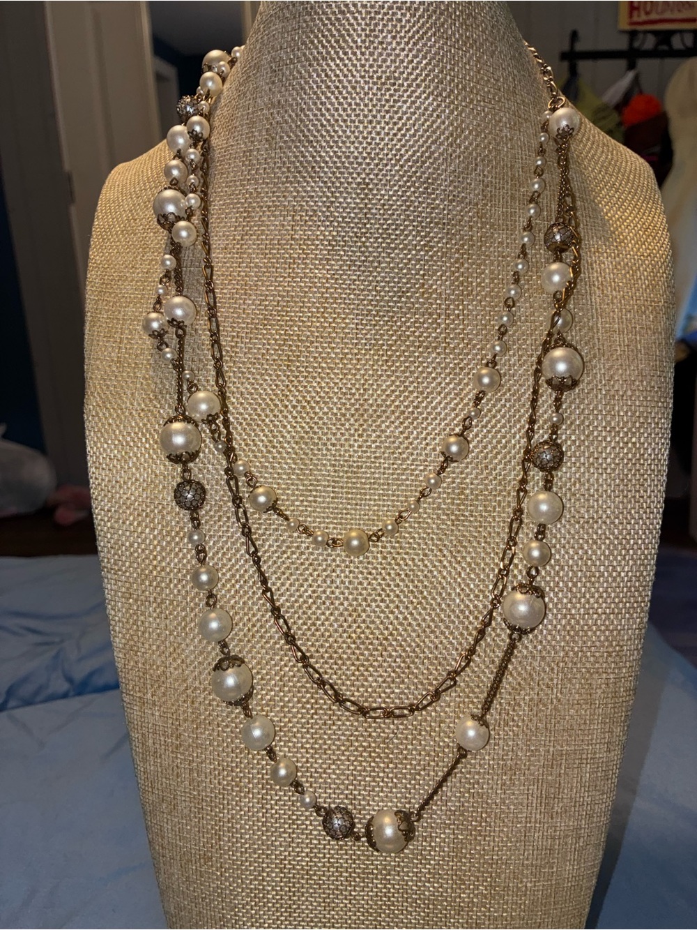 Triple-Strand Pearl and Gold-Tone Layered Necklace